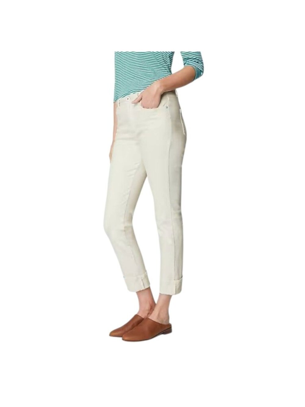 J.Jill Denim High-Rise Straight-Leg Ankle Jeans Size 20R Ivory Cuffed Cotton Ble